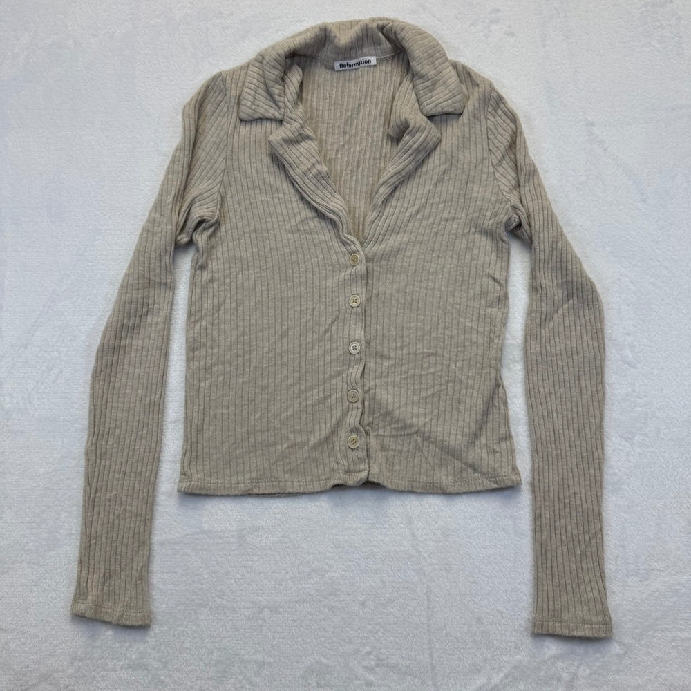 Reformation Tan Ribbed Knit Button Front Cardigan Collared Long Sleeve XS